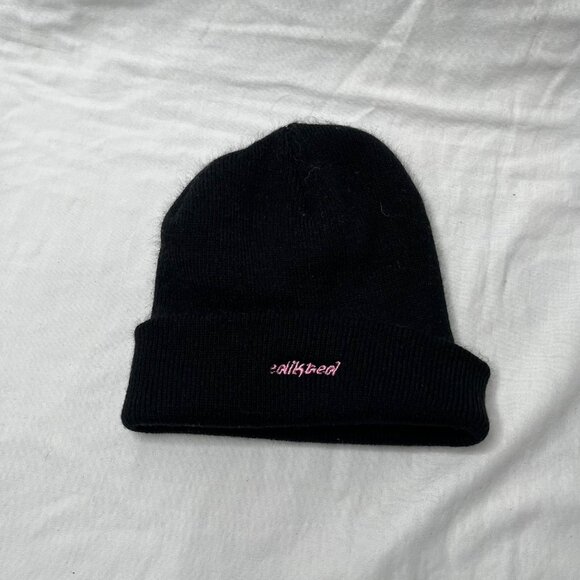 Edikted Embroidered Black Cuffed Ribbed Knit Beanie Hat - Picture 2 of 3